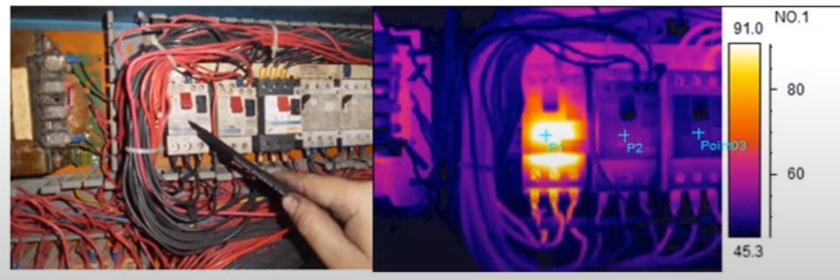 Termografía guardamotor, contactor. punto caliente, equipos de medida eléctricos. Multímetro, pinza amperímetrica